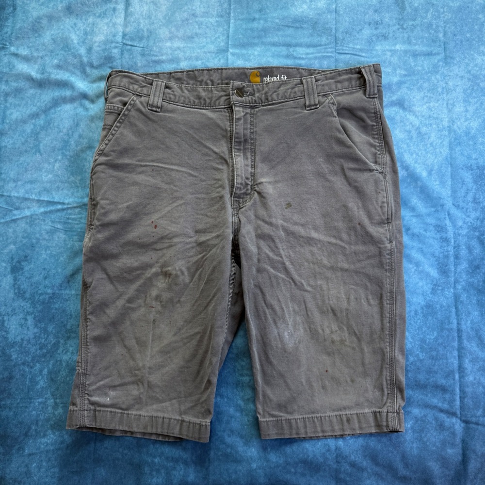 Carhartt Relaxed Fit‎ Gray Canvas Work Utility Shorts Mens 36 Distressed Paint